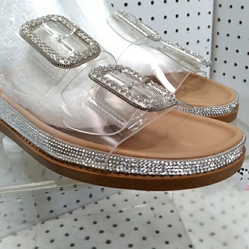 C Comfort | Women's Silver Sandals Rhinestone Flat Wedge Heel Strap Buckle Slide - Picture 4 of 9